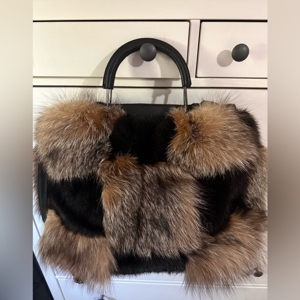 Real  Crystal Fox fur and black mink large luxury satchel NEW